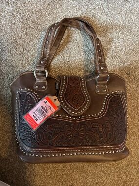Montana West Brown Tooled leather Tote Bag with Stud Accents NWT